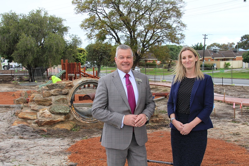 City of Canning Mayor Patrick Hall and RAC Acting General Manager Social Impact Sarah Macaulay standing in front of a playground