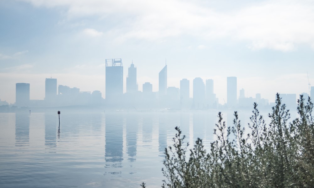 smoke haze in front of Perth's skyline