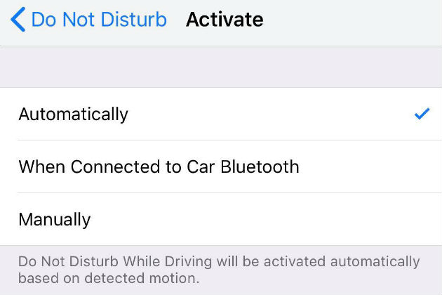 Apple's do not disturb while driving settings page