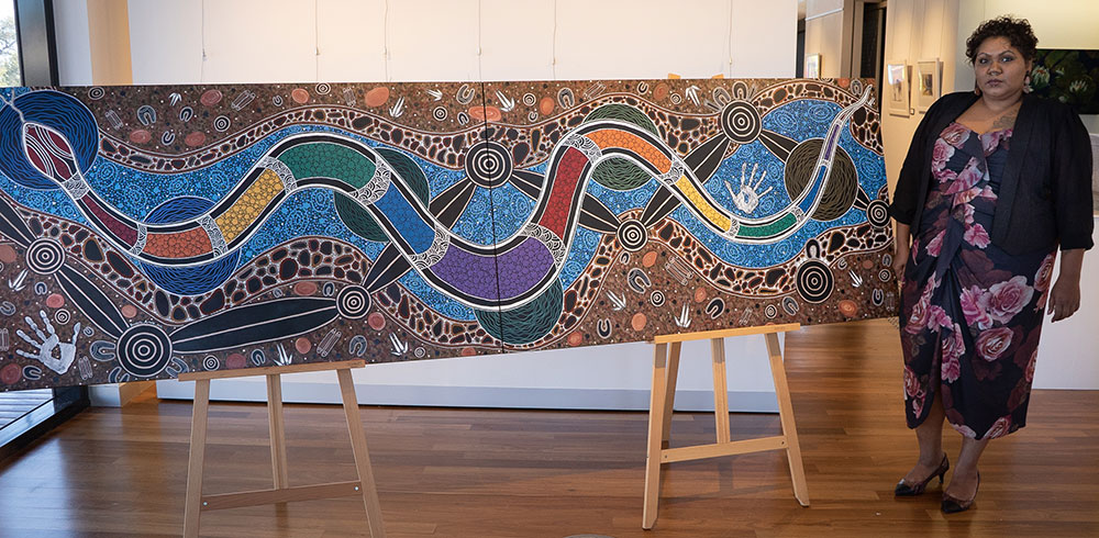 Whadjuk Noongar artist Dannielle Arnold and her artwork 'Bilya Nyitting'