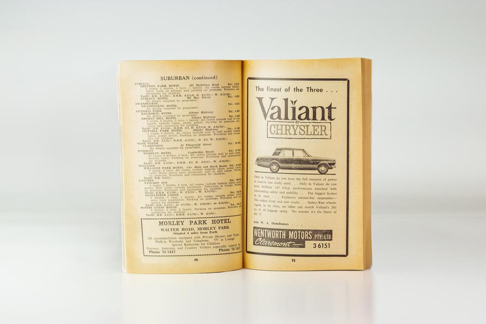 Pages 70 and 71 of the 1965 Accommodation, Caravanning and Camping directory - A directory of accommodations listed by suburb followed by a full-page advertisement for the Chrysler Valiant sold at Wentworth Motors, Claremont.
