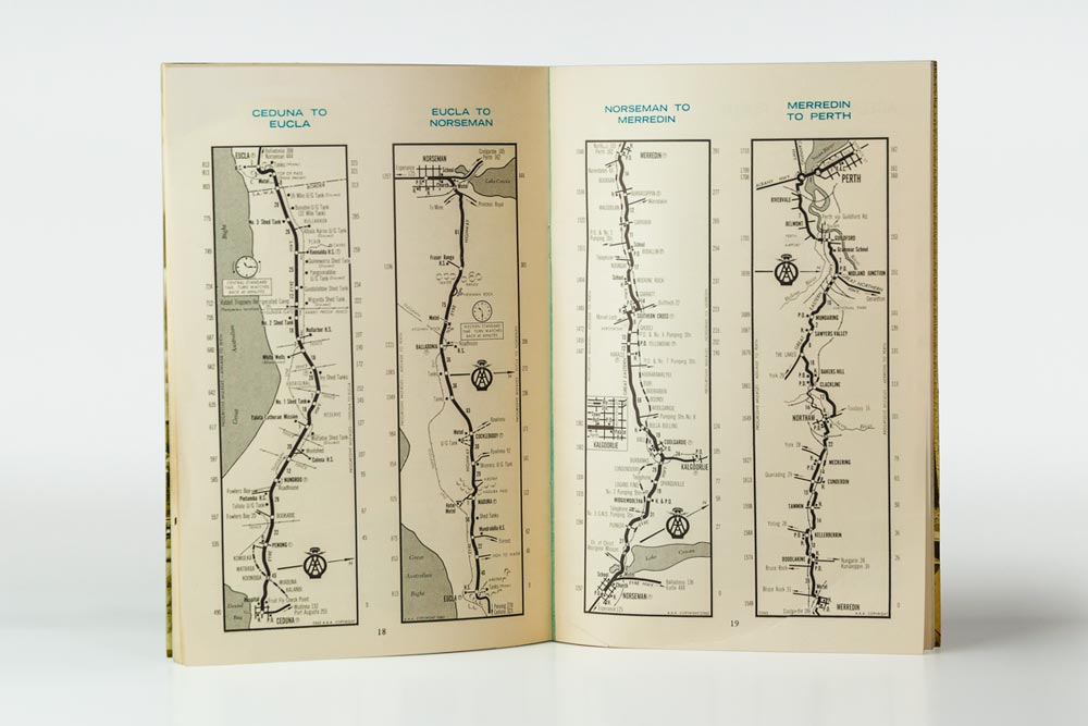 Pages 18 and 19 of the Eyre Highway Guide - two maps on each page showing the routes from Ceduna to Eucla, Eucla to Norseman, Norseman to Meddedin, and Merredin to Perth.