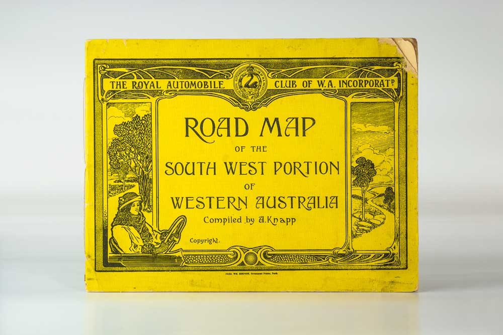 Yellow front cover of the 1923 Road Map of the South West Portion of Western Australia, compiled by A Knapp.