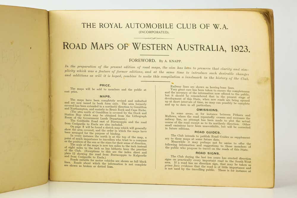 First page of the Road Map - in introductory foreward from A Knapp, followed by information on map price, the maps themselves, omissions, road guides and road signs.