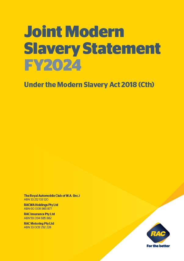 Front cover of RAC's FY2024 Modern Slavery Statement