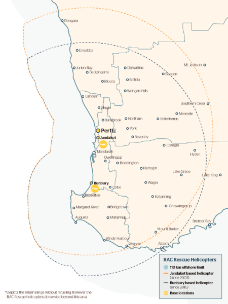 Map showing the return range the Jandakot and Bunbury based helicopters can travel without refuelling