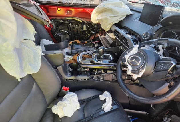 Inside of Kelly's car after crash