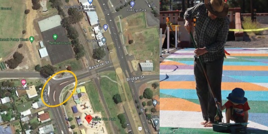 Map of Donnybrook and picture of adult and child painting road mural