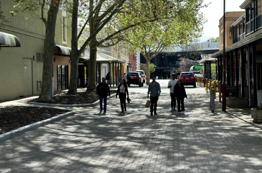 People walking on paved street