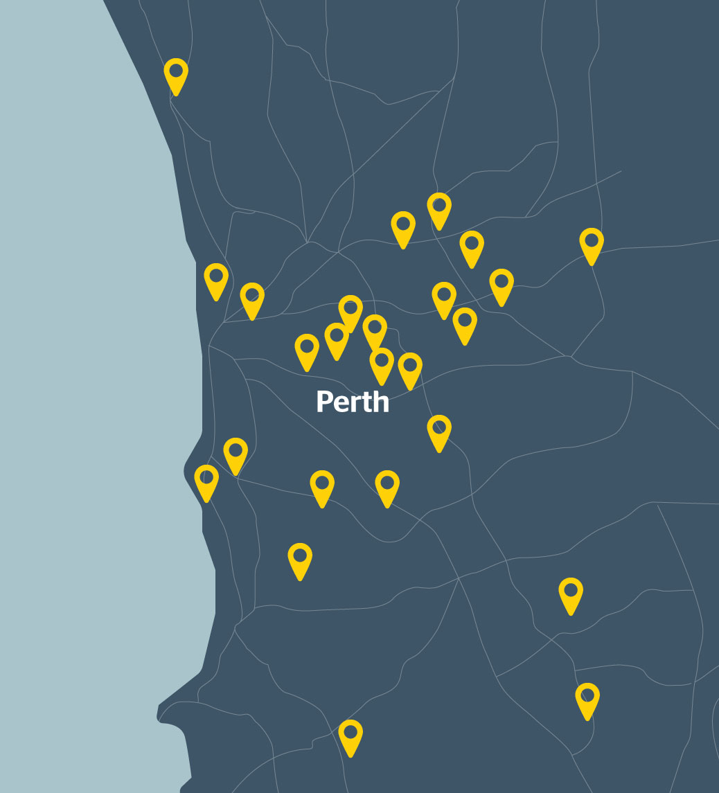 A map of Perth and the surrounding suburbs indicating locations of previously delivered RAC Town Team projects.