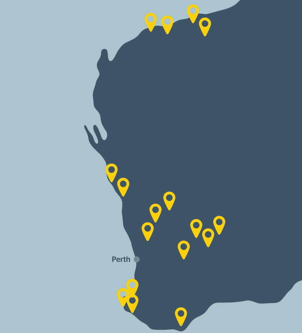 A map of WA indicating the locations of previously delivered RAC Town Team projects.