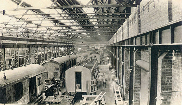  Carriages and vans being overhauled or built in the car shop at the Midland Railway Workshops, mid 1930s