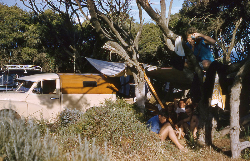A Yallingup campsite held up by Barry ‘Joe’ King’s Morris Minor ute. Image: supplied by Jim King courtesy of Brian Cole.