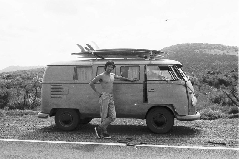 Surfer, surf photographer and journalist Ric Chan with his gold Kombi, 1960s. Image: Ric Chan