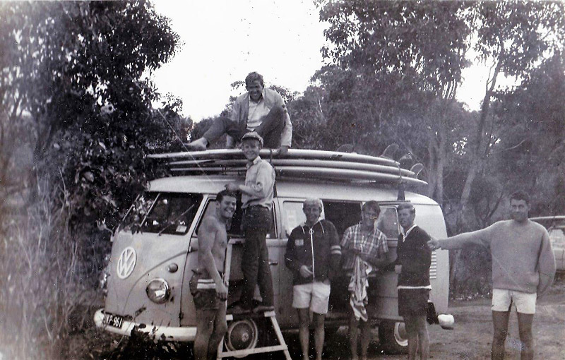  At Rocky Point with Peter Dyon's Kombi - John Burridge, Peter Dyson, Kevin Ager, Mick Maddren, John Balgarnie, Roo Dog, Ned F on the roof. Mid 1960s. Image: Peter Dyson
