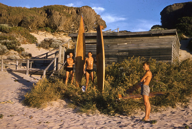 On the each at Yallingup with 'toothpick'  wooden boards, 1958