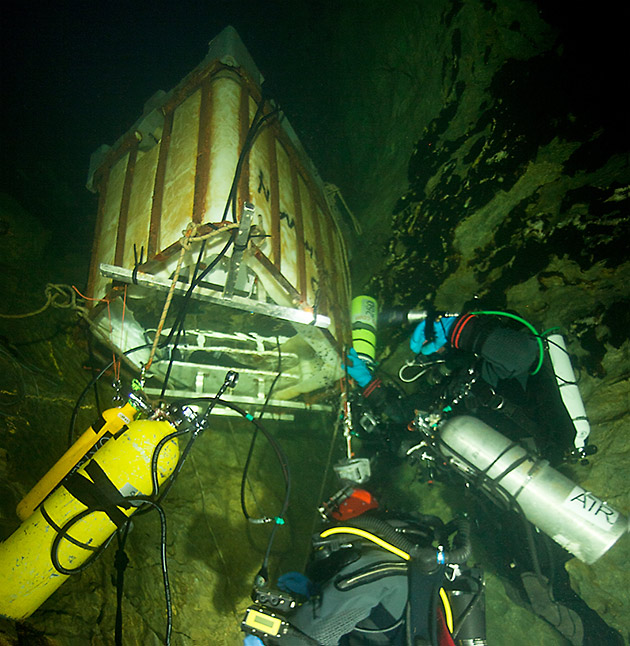 Setting up an underwater habitat at the Pearse Resurgence cave in New Zealand