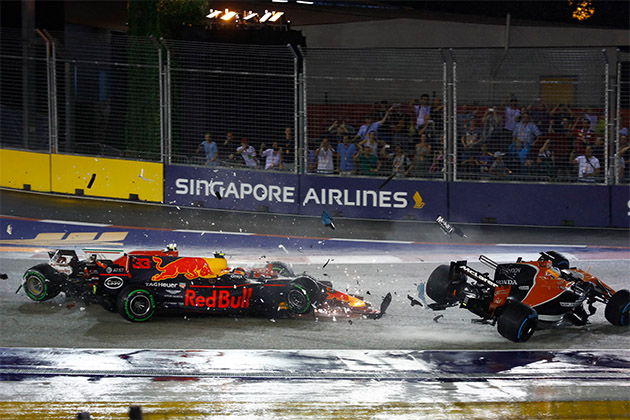 Racecar driver Daniel Ricciardo in a crash during a race