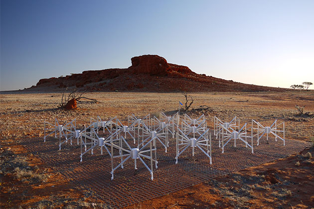 A tile of the Murchison Widefield Array near the breakaway rock formation at the Murchison Radioastronomy Observatory