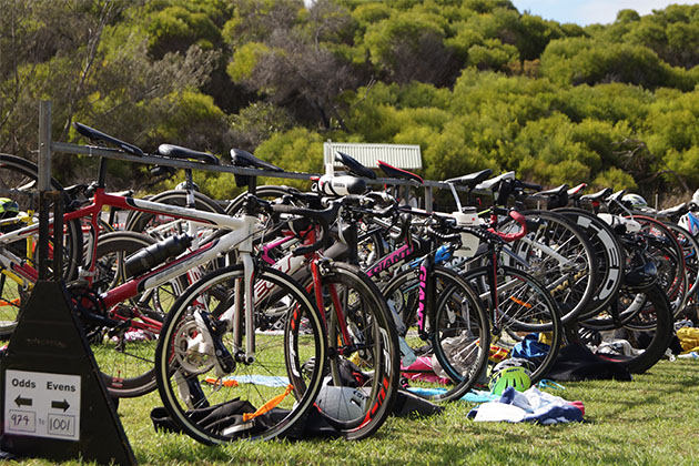 Bikes stacked up during a triathlon ready for the competitors