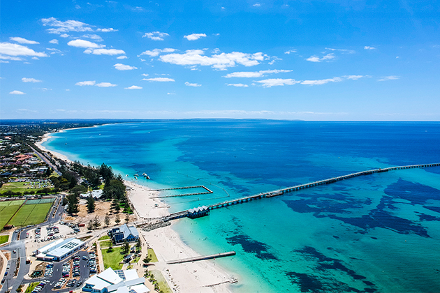 An aerial shot of Busselton Jetty 