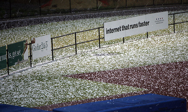 Perth athletics stadium covered in hailstones during the 2010 hailstorm