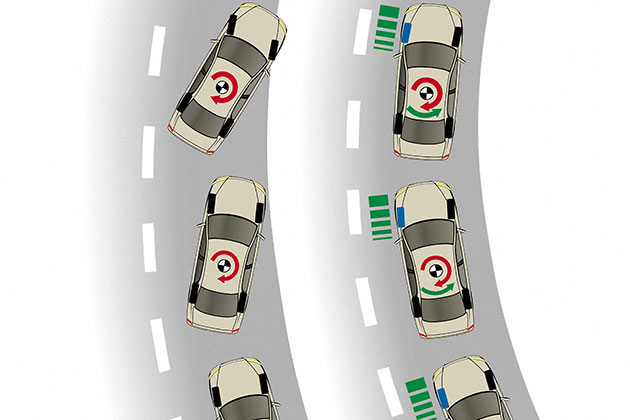 Graphic showing one car veering off-lane and the other staying on course