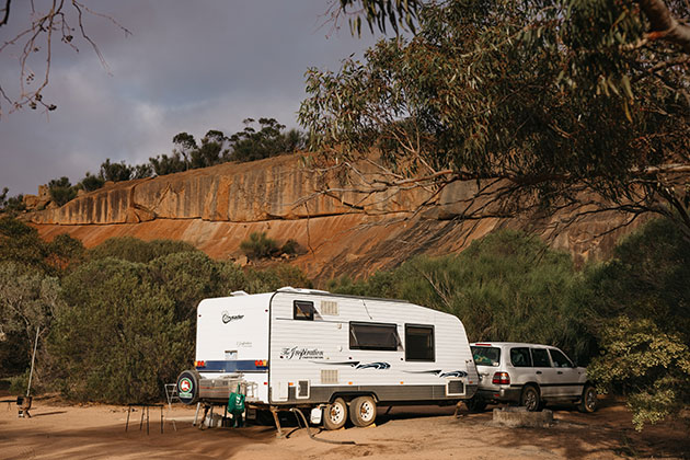 The rear of a parked caravan