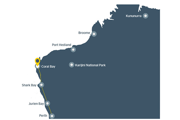 Map of WA showing travel route from Perth to Coral Bay