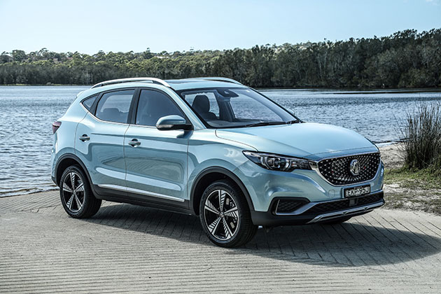 MG ZS electric car in front of a lake