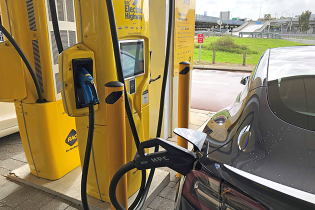 A EV being charged at an RAC EV charging station