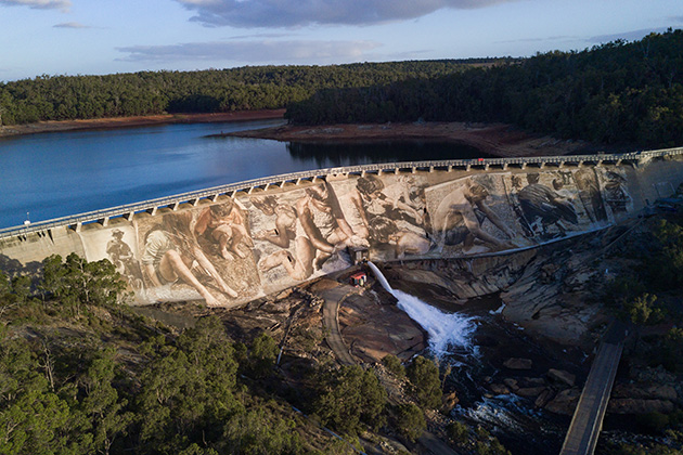 Aerial view of the dam mural