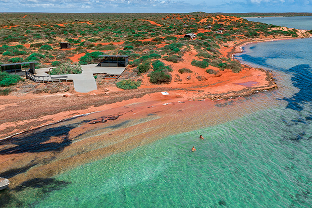 People swimming off coastline with red sand