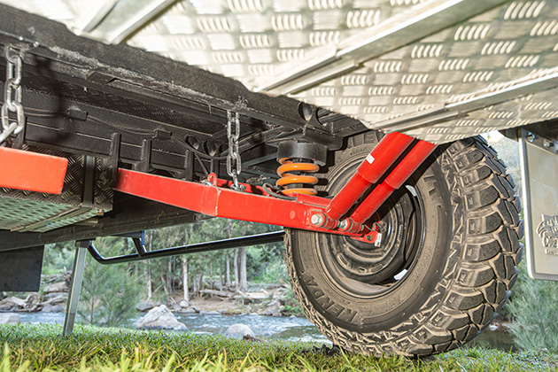 Suspension coil beneath a caravan