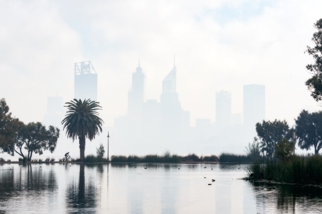 View of Perth city covered in smoke haze