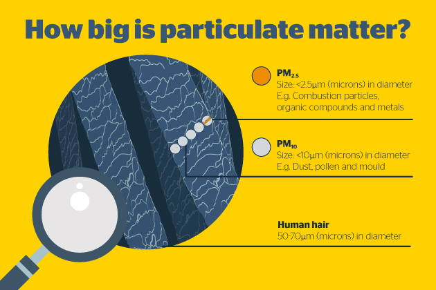 Diagram showing the size of particulate matter in comparison to a human hair