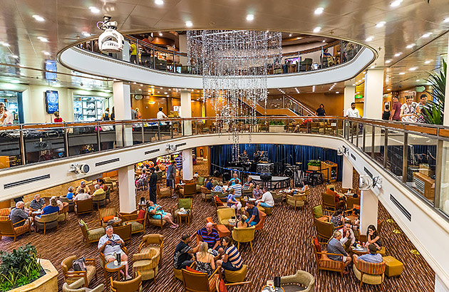 A tiered lounge area on a P&O cruise ship