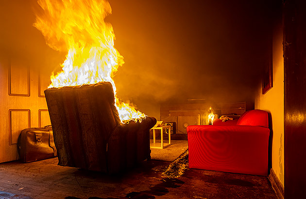 A lounge room with a couch and armchair on fire