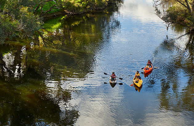 Family kayaking on the Blackwood River Bridgetown