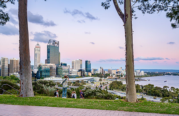 A family picnicking at twilight at Kings Park with city views