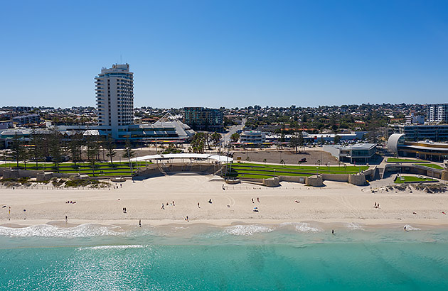 Aerial photo of Scarborough Beach showing grassed picnic areas