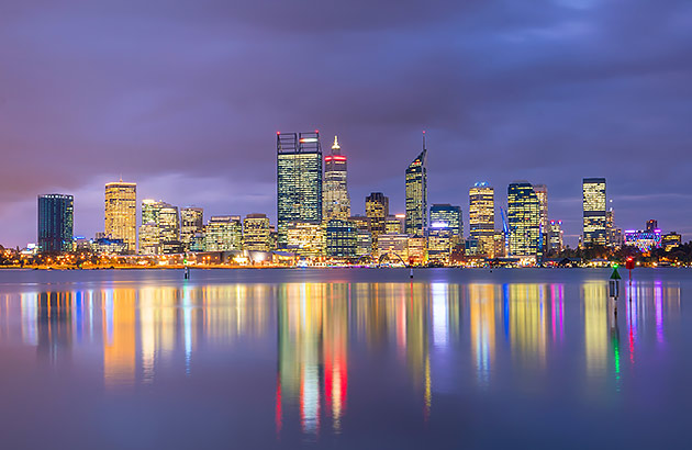 Perth city skyline at night viewed from South Perth foreshore