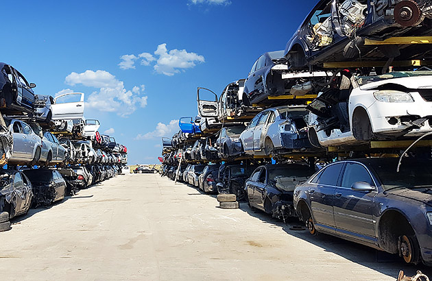  Old car bodies piled up in a wreckers yard