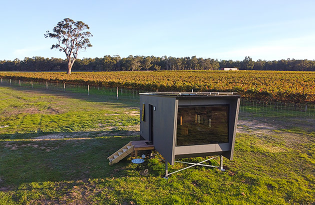 A tiny cabin in a field next to a vineyard