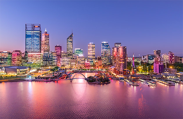 Perth city skyline at sunset