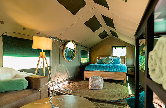 Inside a glamping tent