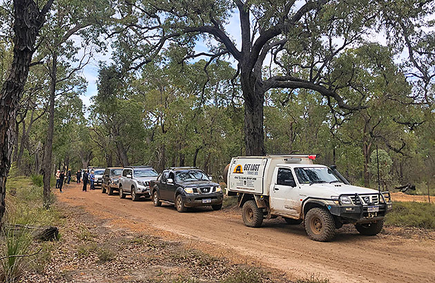 A convoy of four-wheel drives stopped on a bush track