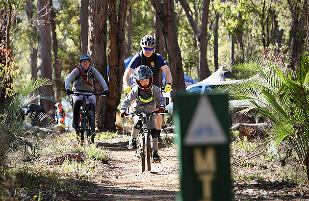 A family of three is cycling on a bike track in bushland 