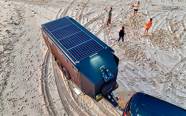 Solar panels on the top of a Bruder caravan