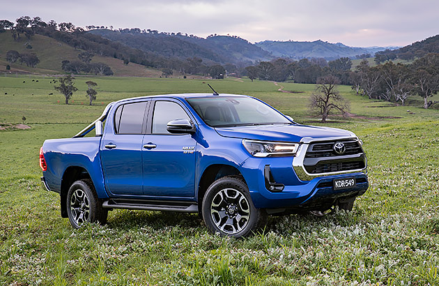 A blue Toyota Hilux parked in a green field